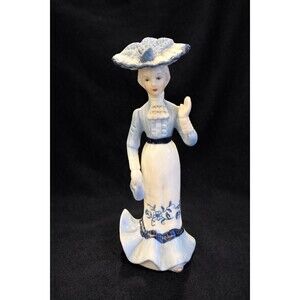 Vintage Blue White Lady Figurine Hat Dress Taiwan Porcelain 6”